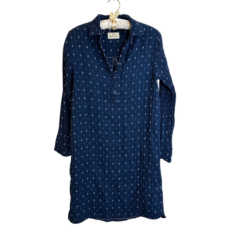 Marine Layer Juniper Cotton Gauze Shirt Dress Size XS Blue Long Sleeve Beachy‎